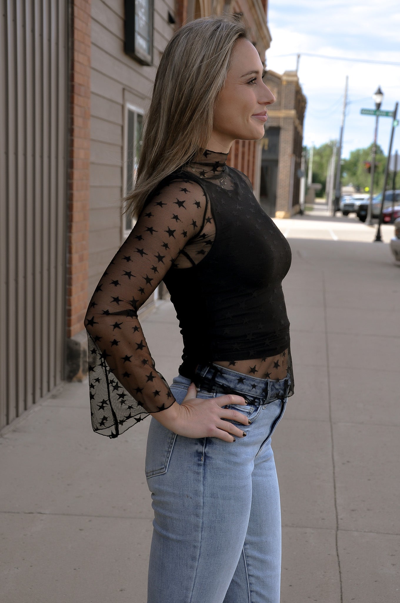 High Neckline Bell Sleeves Star Mesh Top