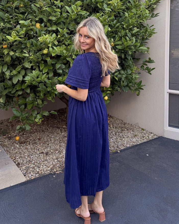 Iolana Dress Navy | Women's Shirred A-Line Midi Dress