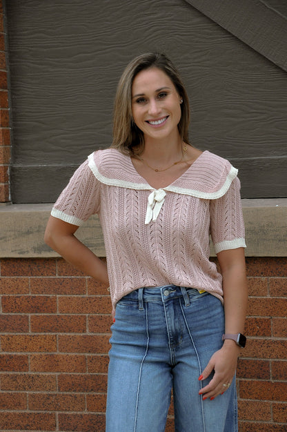 Knit Sailor-collar Ribbon Top