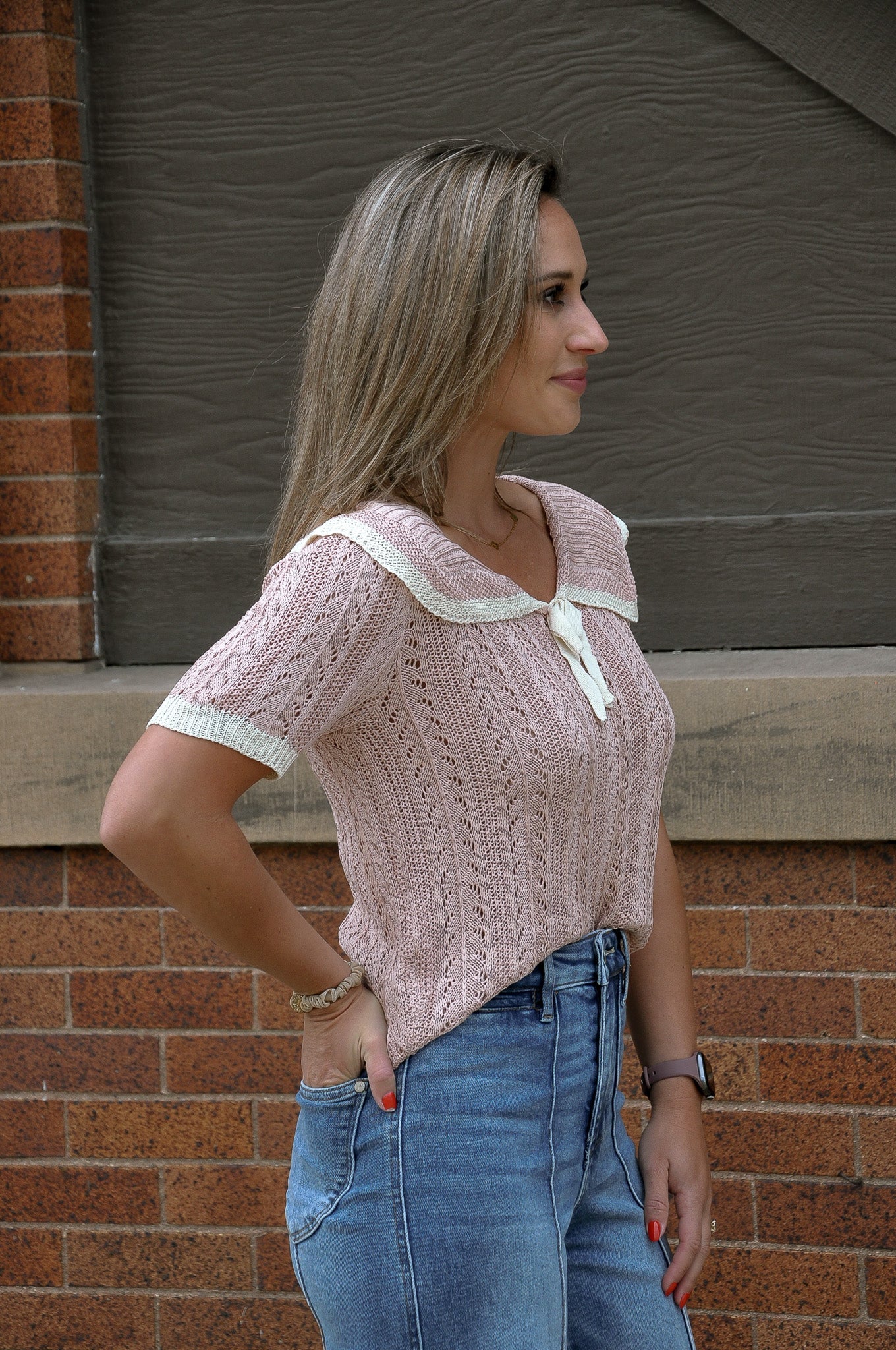 Knit Sailor-collar Ribbon Top