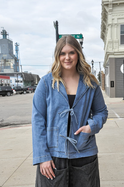Lapel Collar Denim Jacket W/Front Tie Detail