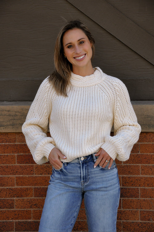 Mock Neck Cable Knit Sleeve Sweater