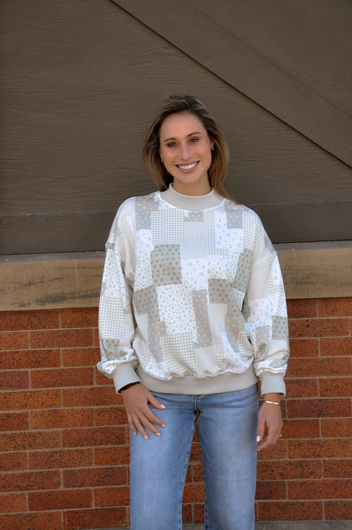 Mock Neck Patch Work Print Sweatshirt