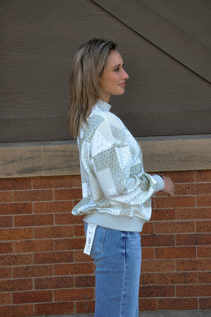 Mock Neck Patch Work Print Sweatshirt