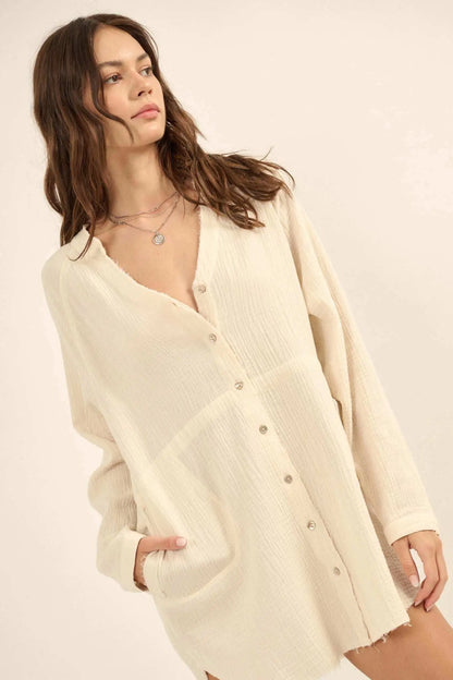 Sunday Vibes Crinkle Cotton Mini Shirt Dress