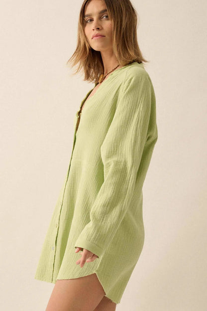 Sunday Vibes Crinkle Cotton Mini Shirt Dress