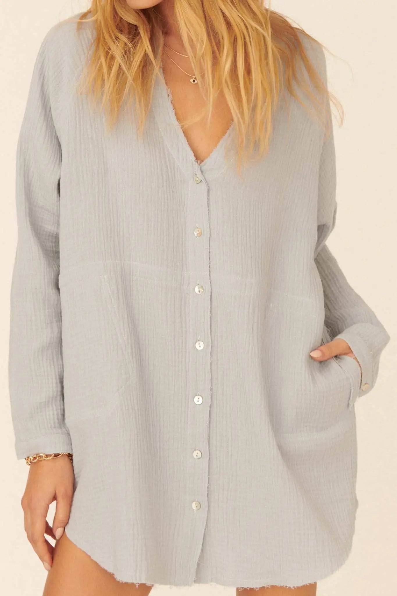 Sunday Vibes Crinkle Cotton Mini Shirt Dress