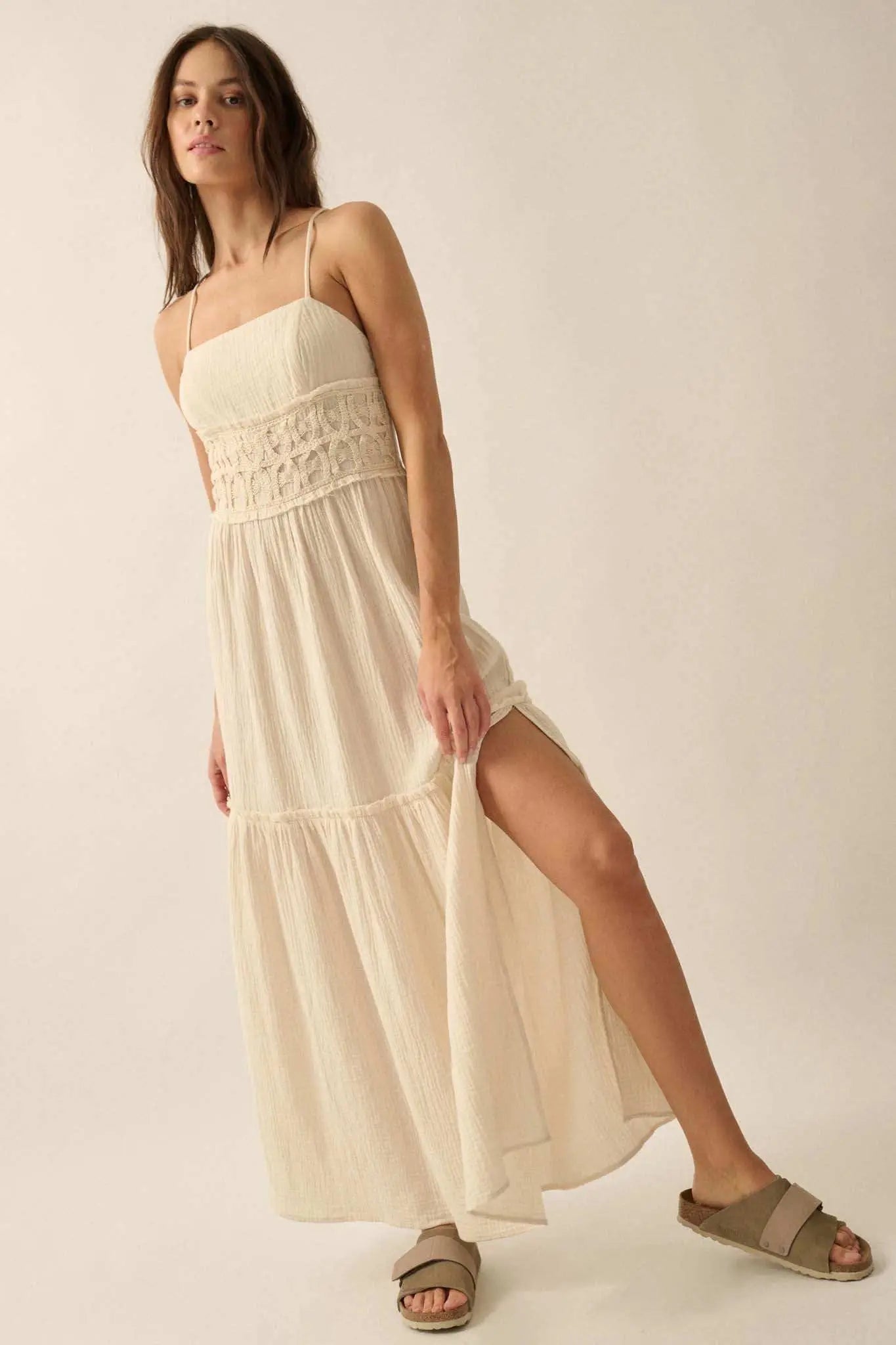 Laced Out Crochet-Trim Crinkle Cotton Maxi Dress