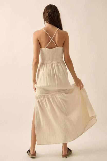 Laced Out Crochet-Trim Crinkle Cotton Maxi Dress
