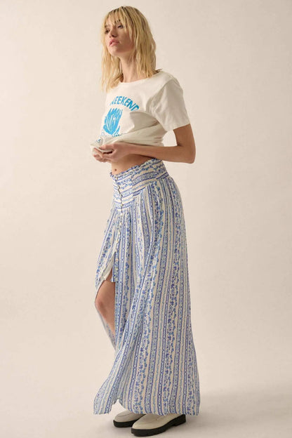 Wildflower Field Floral-Stripe Buttoned Maxi Skirt