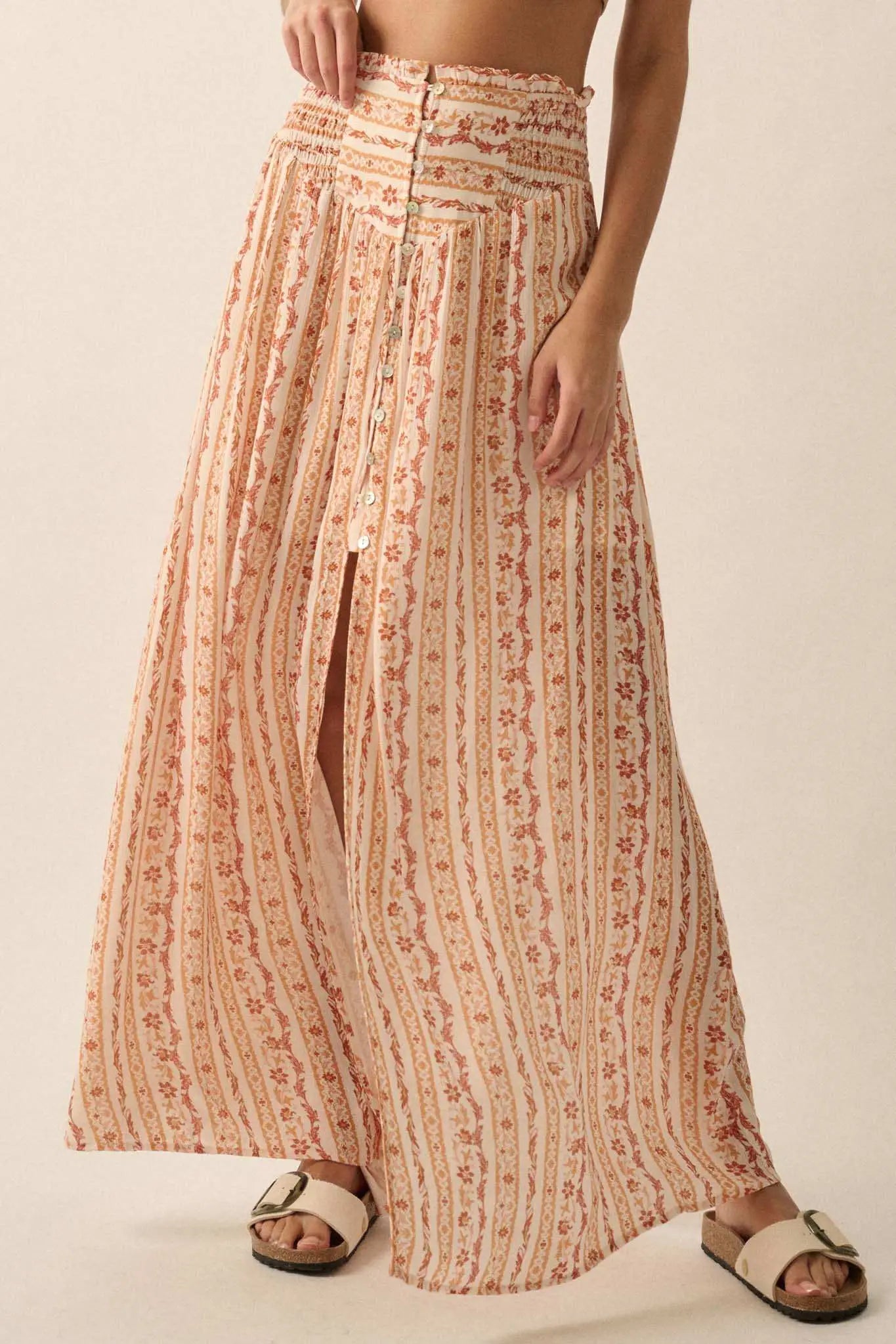 Wildflower Field Floral-Stripe Buttoned Maxi Skirt