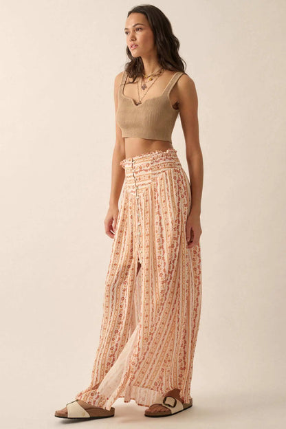 Wildflower Field Floral-Stripe Buttoned Maxi Skirt
