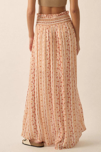 Wildflower Field Floral-Stripe Buttoned Maxi Skirt