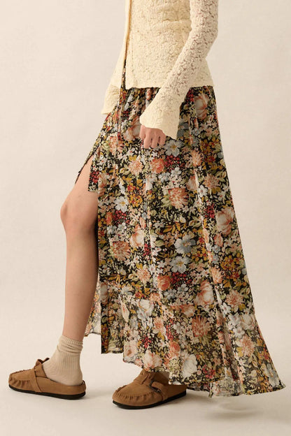 Autumn Bouquet Floral Chiffon Button-Front Maxi Skirt