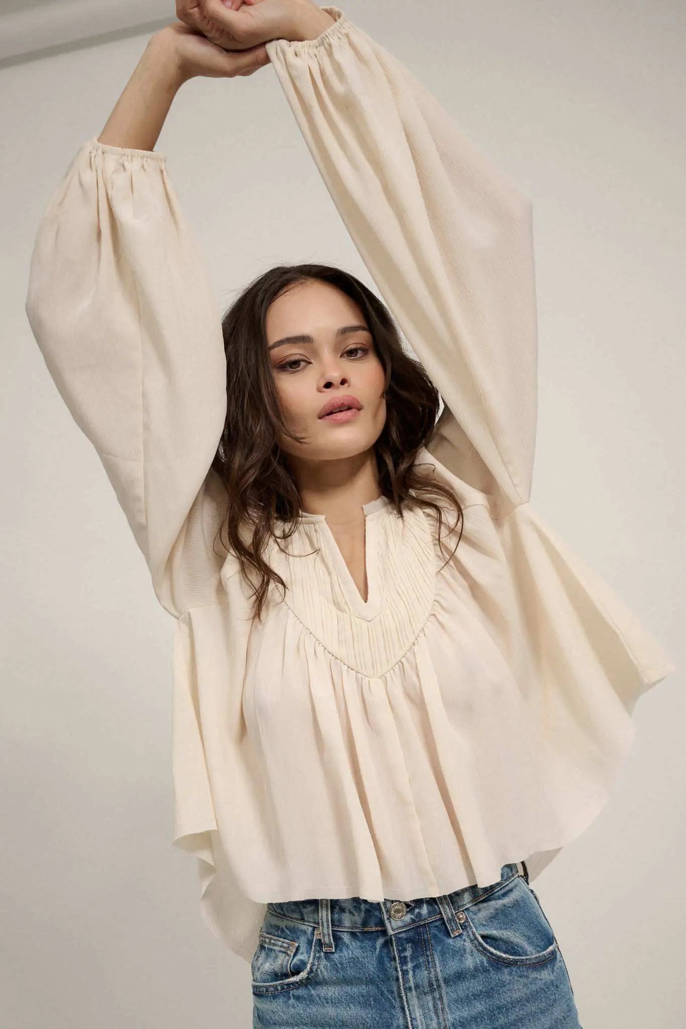 Wonderful Life Pleated Crepe Babydoll Peasant Top