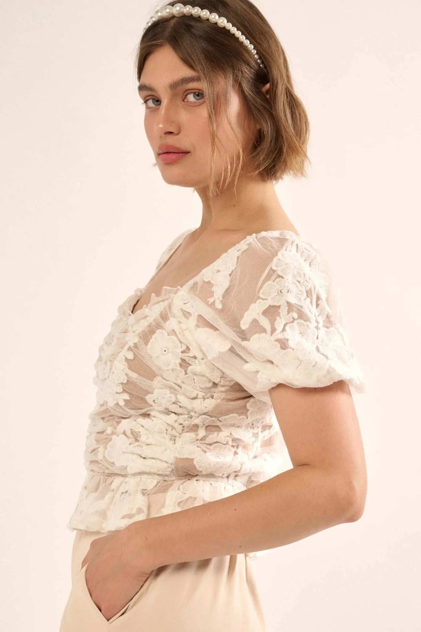 Heavenly Heart Embroidered Lace Puff-Sleeve Top