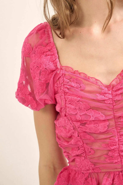 Heavenly Heart Embroidered Lace Puff-Sleeve Top