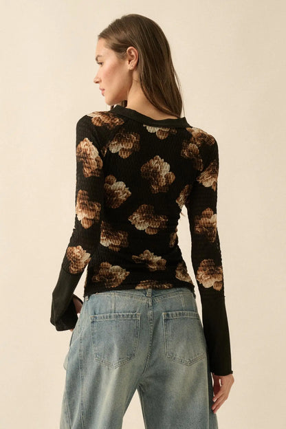 Sweet Harmony Floral Honeycomb Mesh Henley Top