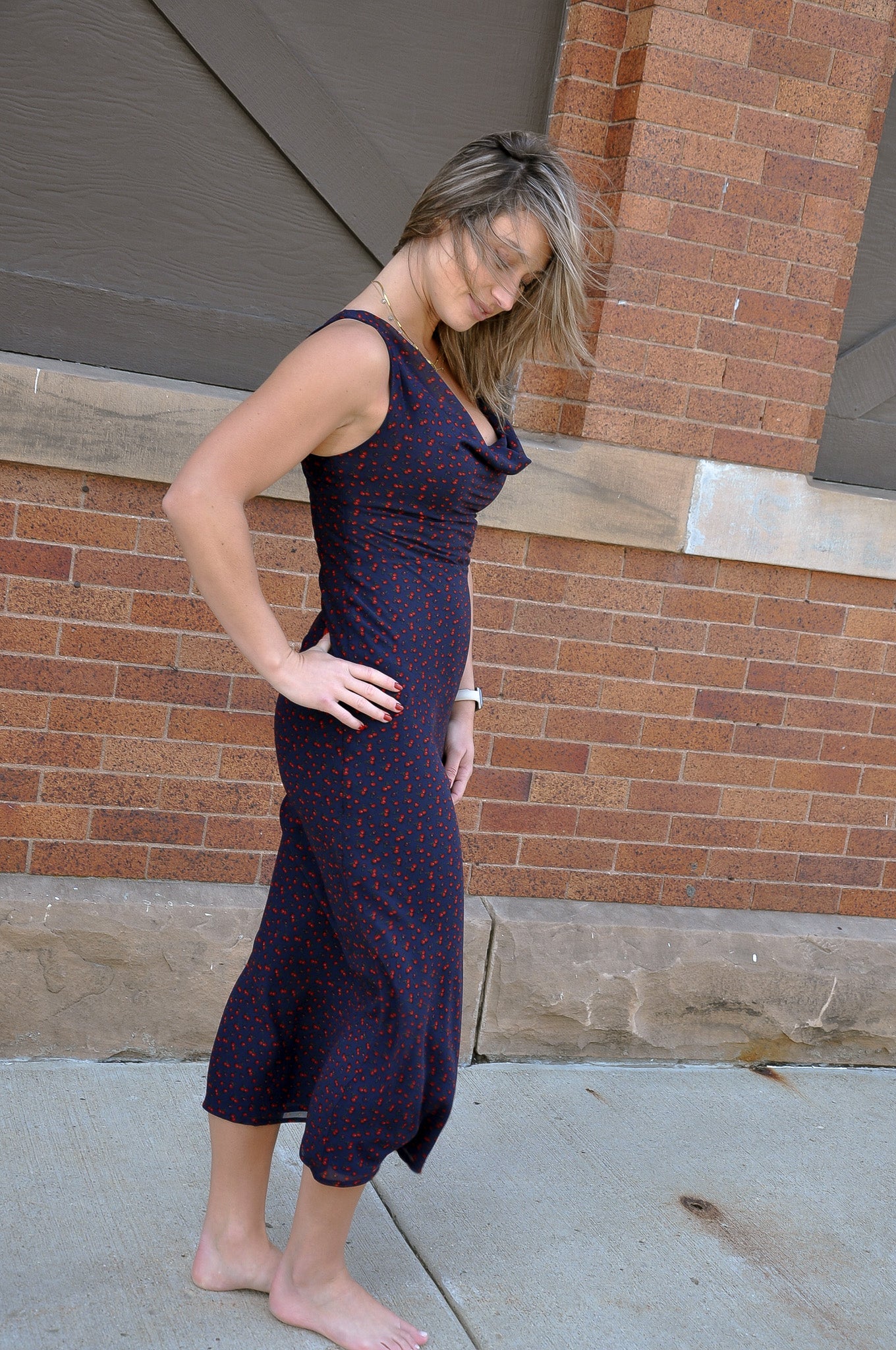 Navy Cowl Neck Midi Dress