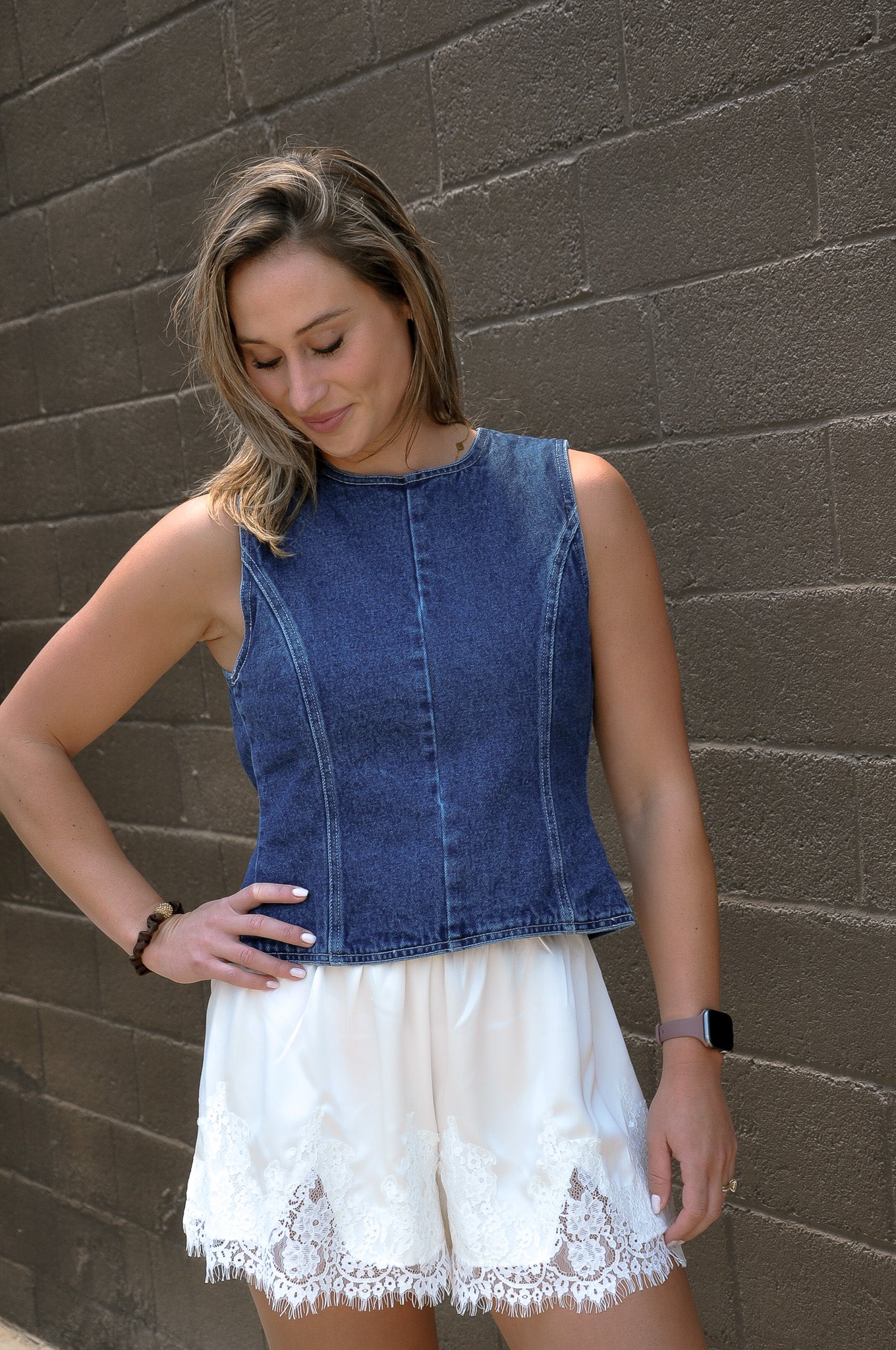 Open Cut Out Back Tie Denim Top