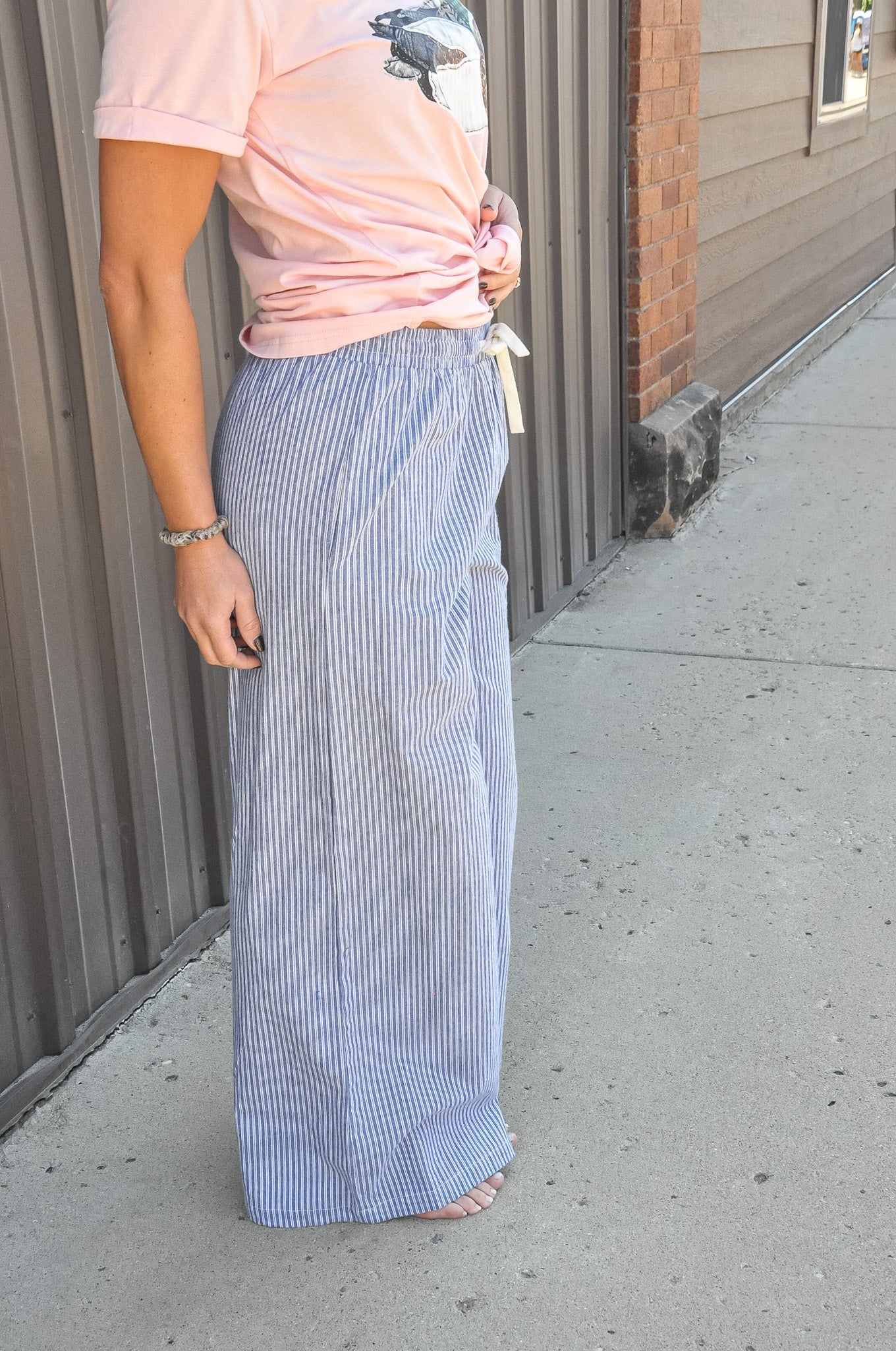 Pinstripe Wide Leg Pants W/Drawstring