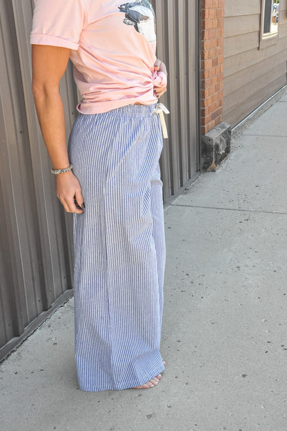 Pinstripe Wide Leg Pants W/Drawstring