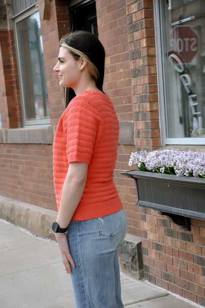 Pointelle Striped SS Pullover Sweater
