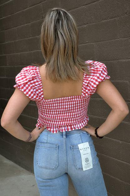 Puff Sleeve Gingham Top W/Tie Front