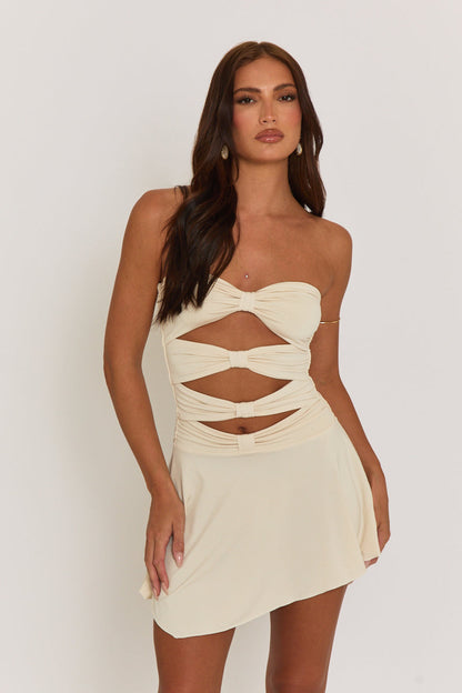 Beige Twist Front Cut Out Mini Dress - Fredrica