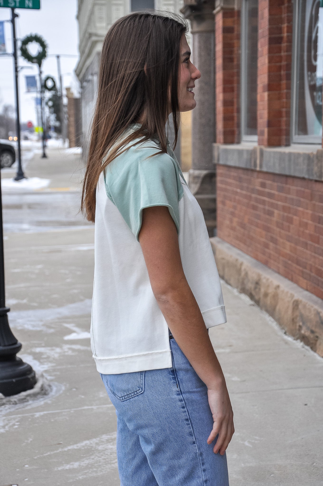Raglan SS Button Up Color Block Top