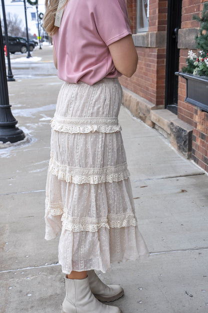 Tufted Dot Lace Tiered Maxi Skirt