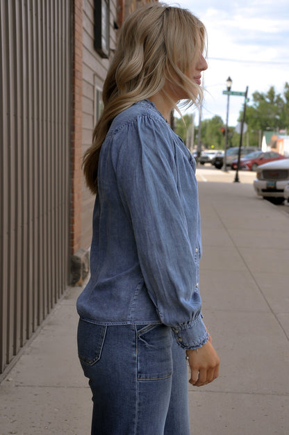 Ruffle Neck Denim Snap Button Shirt
