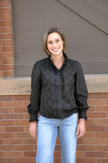 Ruffled Lace Trim Button Down Top