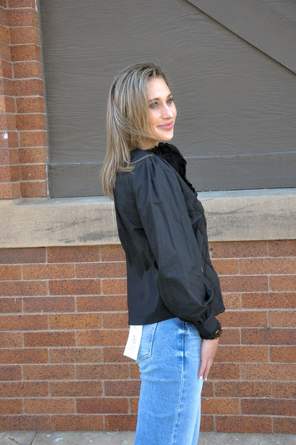 Ruffled Lace Trim Button Down Top