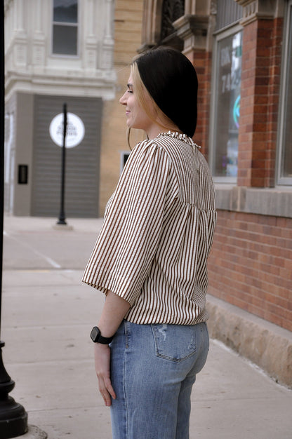 Ruffled Neckline Button Down Stripe Top