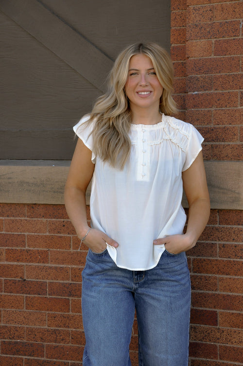 Ruffled Yoke SS Henley Blouse