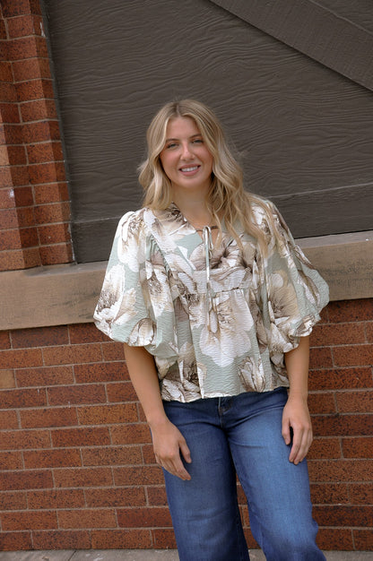 Sage Floral Printed V-Neck Top