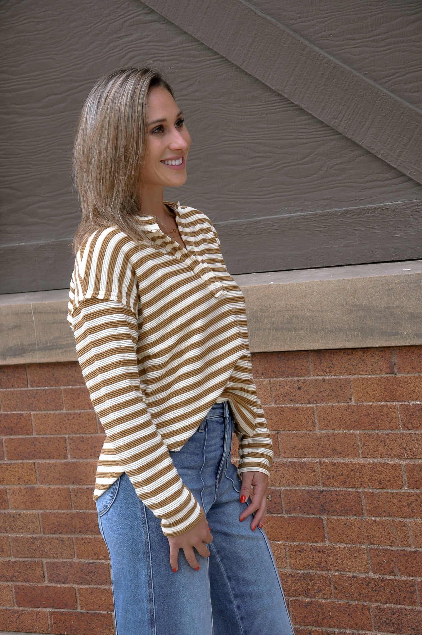 Textured Stripe Split Neck LS Top