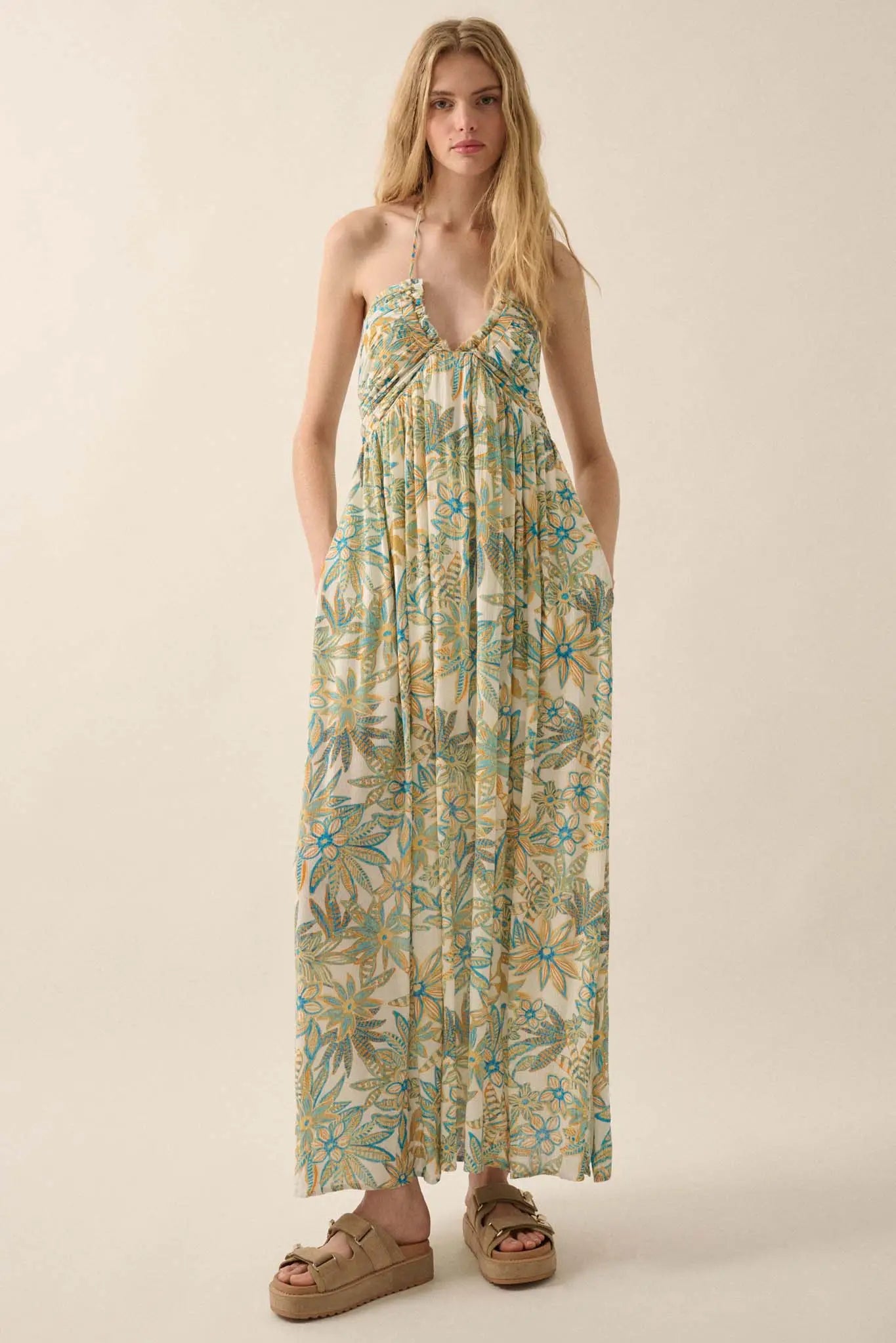 Abundant Blooms Floral Crepe Halter Maxi Dress