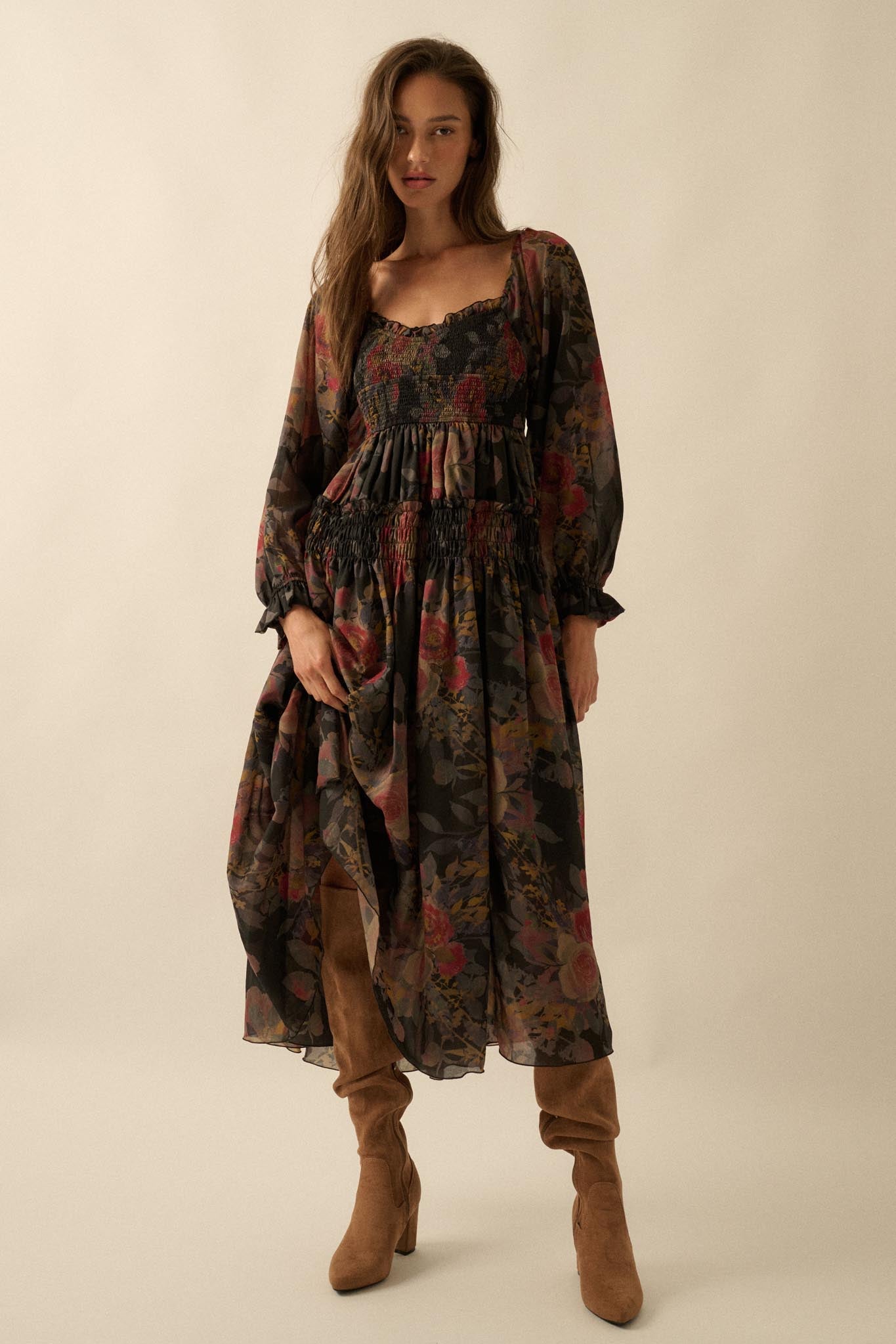 Wandering Rose Smocked Floral Chiffon Midi Dress