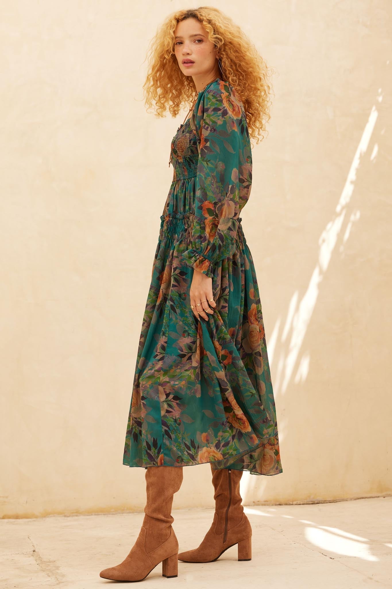 Wandering Rose Smocked Floral Chiffon Midi Dress