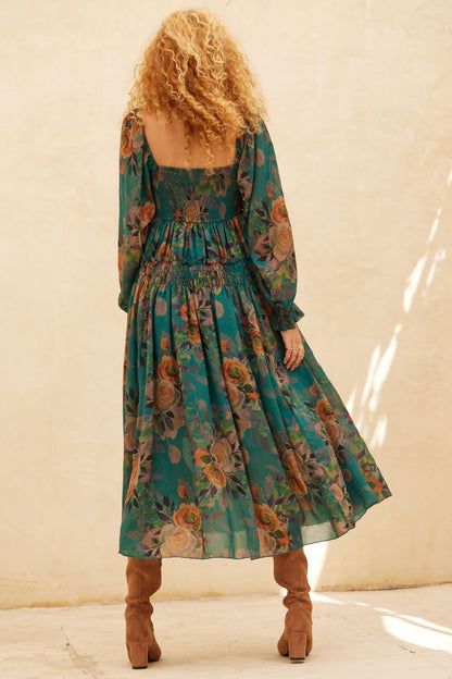 Wandering Rose Smocked Floral Chiffon Midi Dress