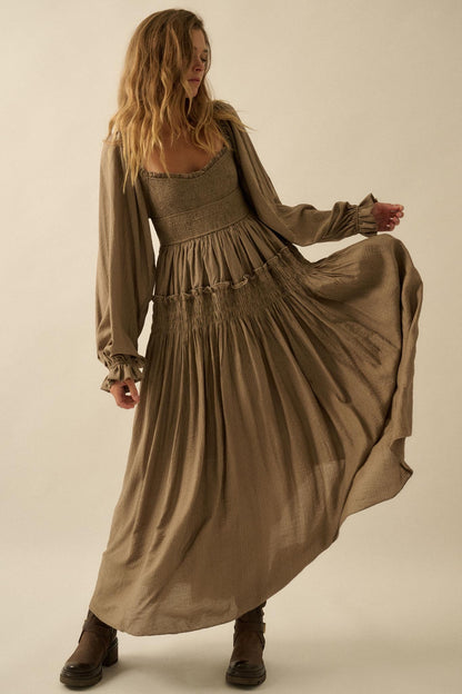 Love Story Smocked Tonal-Stripe Midi Peasant Dress