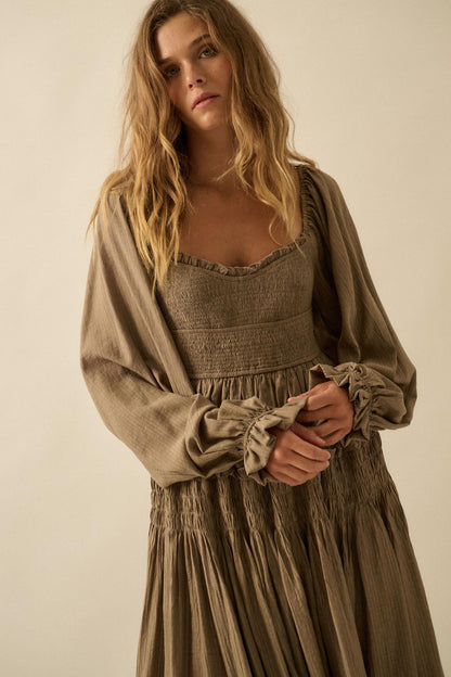 Love Story Smocked Tonal-Stripe Midi Peasant Dress