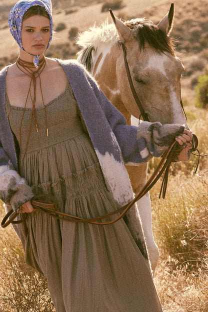 Love Story Smocked Tonal-Stripe Midi Peasant Dress