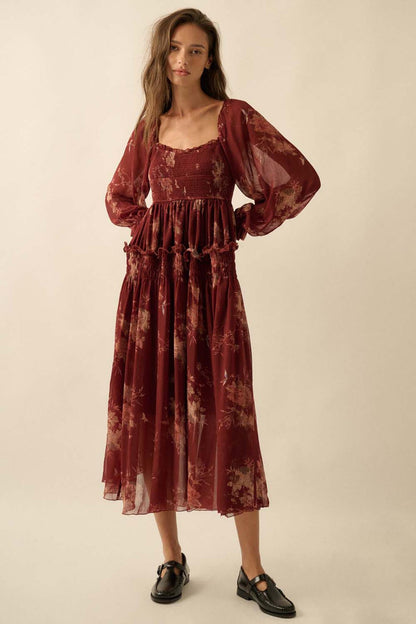 Delicate Blossoms Smocked Floral Chiffon Midi Dress