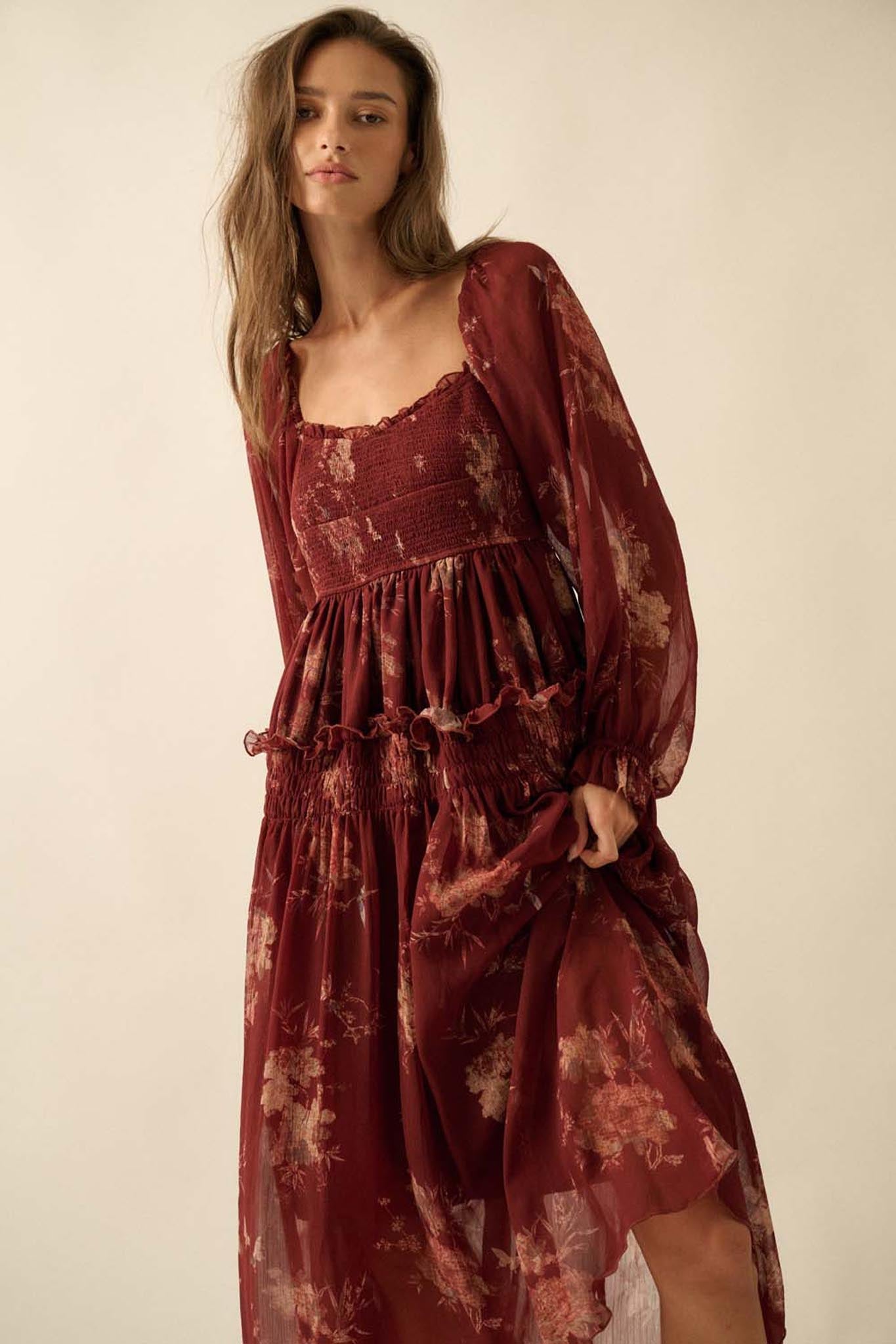 Delicate Blossoms Smocked Floral Chiffon Midi Dress