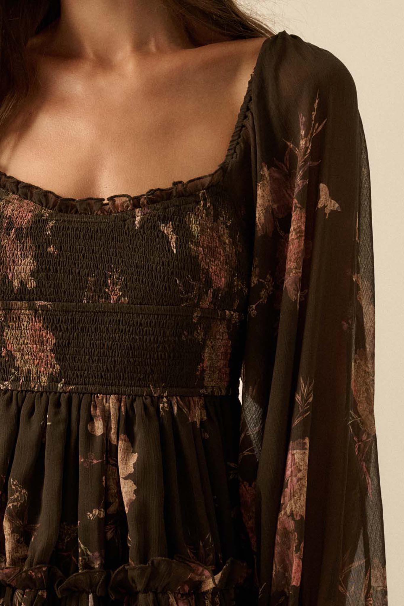 Delicate Blossoms Smocked Floral Chiffon Midi Dress