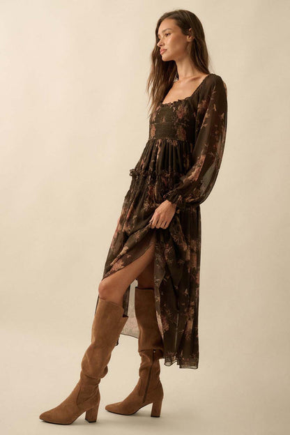 Delicate Blossoms Smocked Floral Chiffon Midi Dress