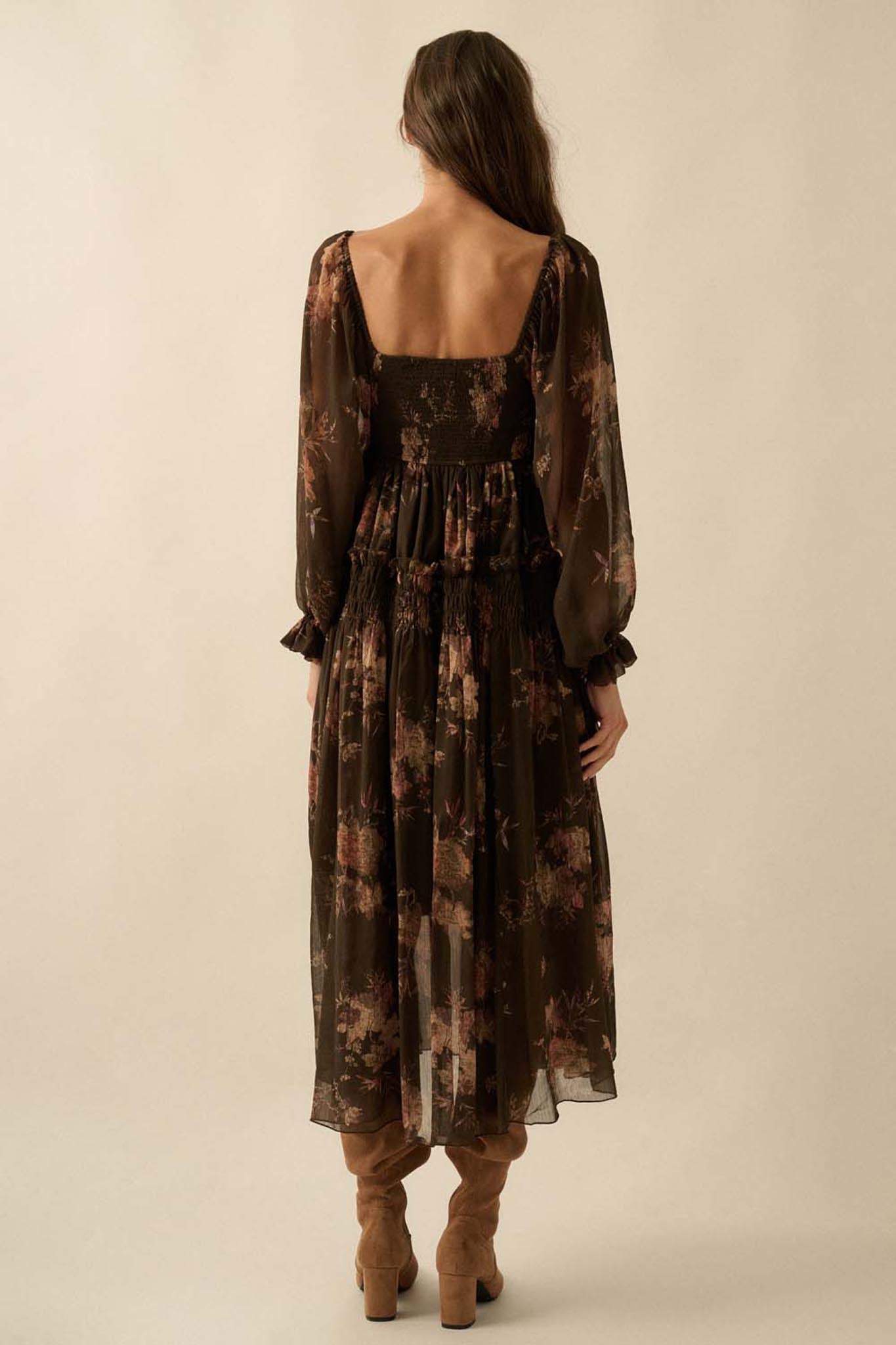 Delicate Blossoms Smocked Floral Chiffon Midi Dress